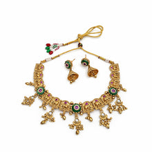 Antique Gold Temple Necklace Set with Jhumka Earrings
